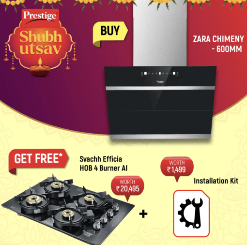 Prestige Zara 600 Auto-clean Glass Kitchen Hood- 1100m3/HR Suction, Svachh Efficia HOB 04 AI (with Toughened Glass Top Multi Spark Ignition System & 4 Brass Burners) and Chimney Installation Kit